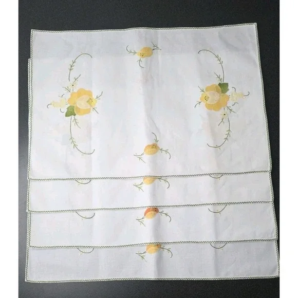 4pc Vintage Hand-Embroidered Floral Linen Napkins Platmat Handkerchief Cottage