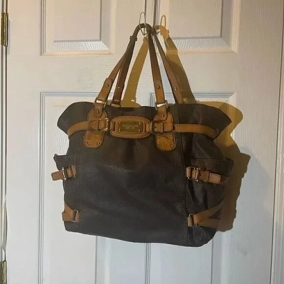Michael Kors Brown coated canvas& tan leather straps &trims large shoulder bag.