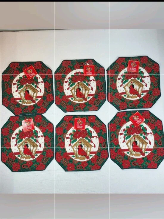 Franco Quilted Christmas Cardinal PLACEMATS Lot of 6 Birdhouse Poinsettias NOS