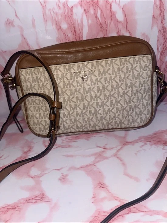 Michael Kors Tan and Beige MK Signature Crossbody Bag