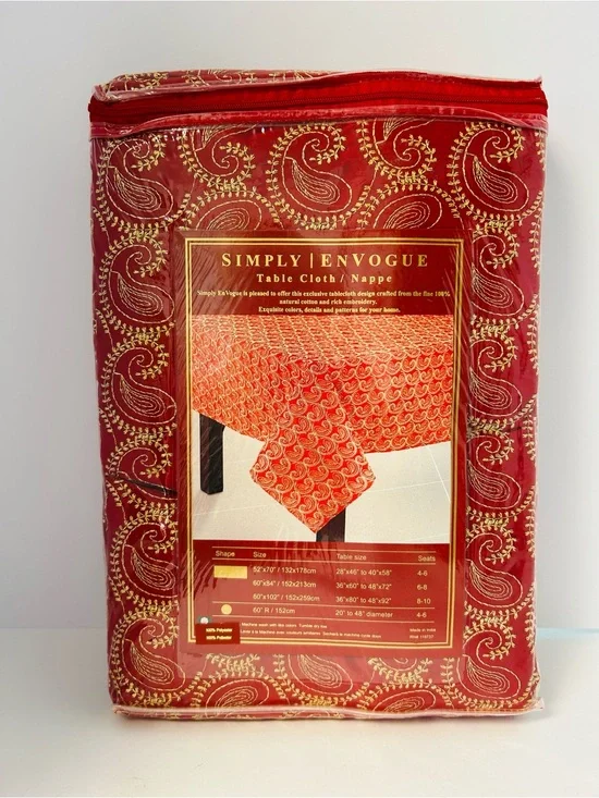 Envogue NWT Holiday 60”x120” Red & Gold Metallic Paisley Embroidery Tablecloth