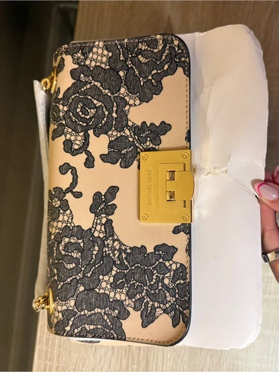 Michael Kors Beige Shoulder Bag with Black Lace Overlay and Gold Hardware