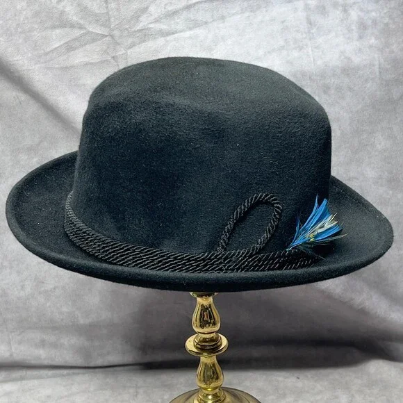VTG Fur Felt Fedora Mens 7 1/8 Black Custom Cord Band Feather Soft Union Made