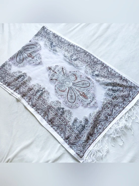 Fringed Paisley Long Scarf Wrap in White with Gray Accents