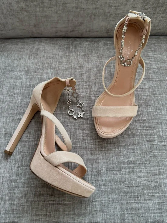 Louis Vuitton Appeal Crystal Monogram Suede Platform Heels Nude 36