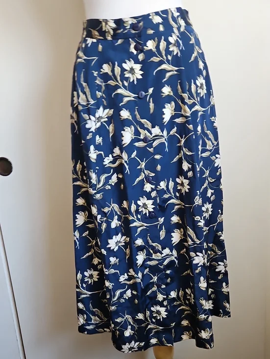 Ann&Frank Blue Floral Silk Front Buttons Midi-Skirt Size Small