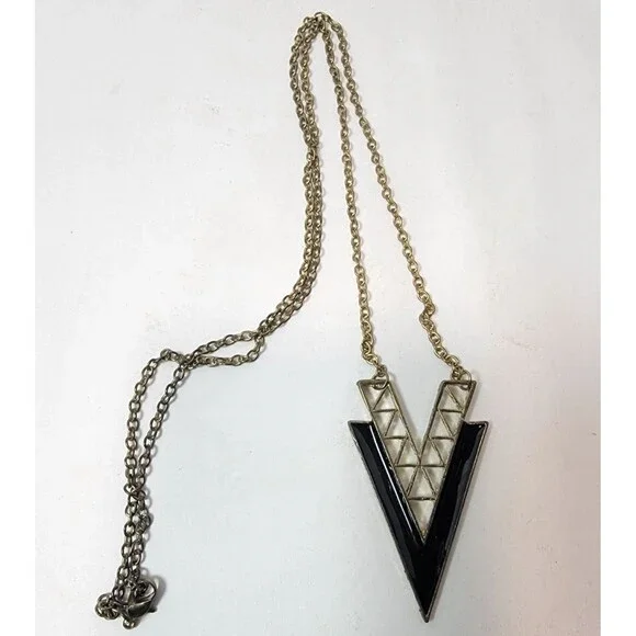 Vintage Style Gold Tone V Pendant Necklace Black Enamel Geometric Triangle Patte