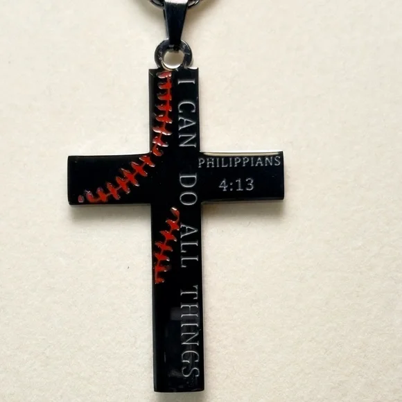 Black and Red Baseball Cross Necklace‎