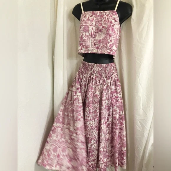 Joie 2pc pink white multi nautical strap crop top & smocked skirt set size Small