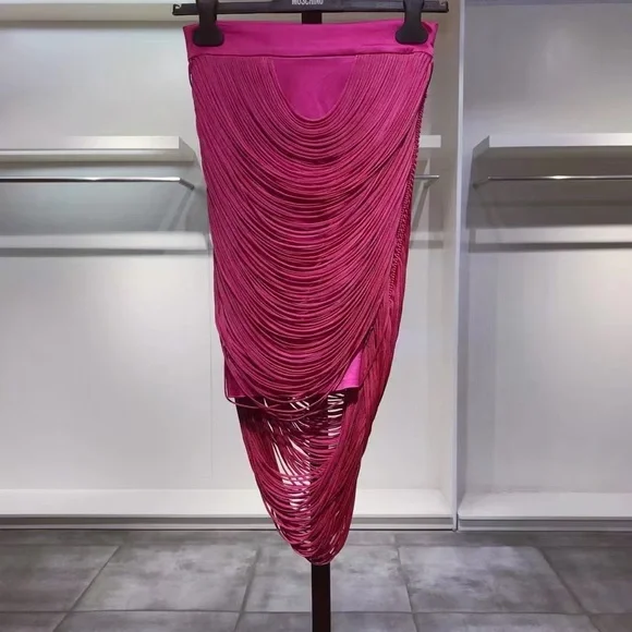 Asymmetrical Draped Fringe Skirt in Hot Pink