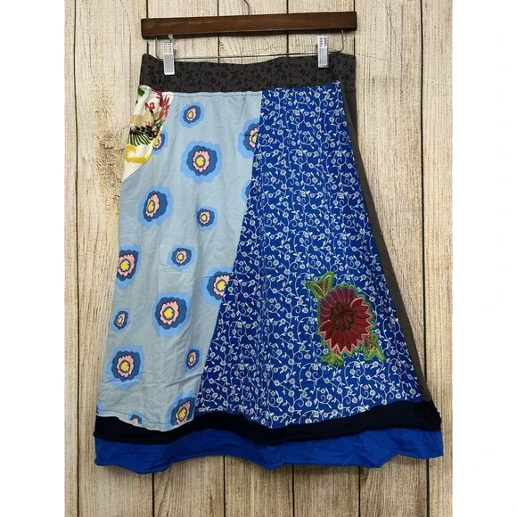 NWT Art to Wear Patchwork Embroidered Midi Skirt Cotton Stretch Whimsigoth Sz‎ 2