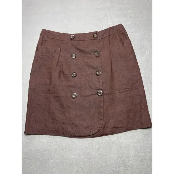 Focus 2000 Women Size 12 Brown‎ Linen Wrap Skirt Accent Buttons Lined Lagenlook