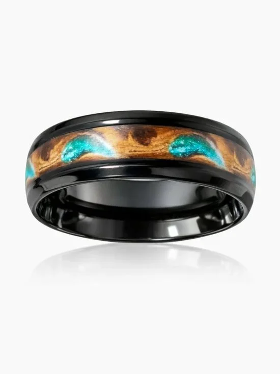Size 8 Black Stainless-Steel Ring • Sand & Feathered Teal Inlay • Unisex Band