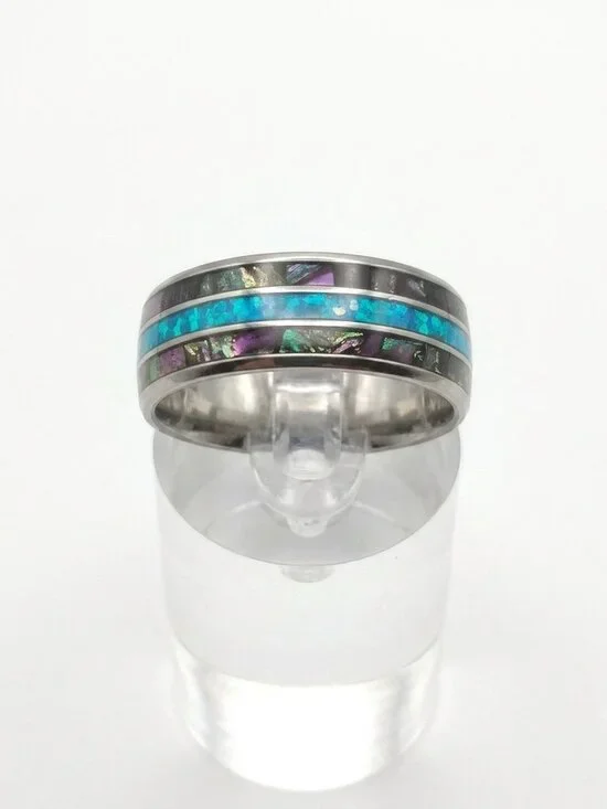 Size 11 Silver Stainless Steel Ring w/Teal Iridescent Inlay Wedding Band