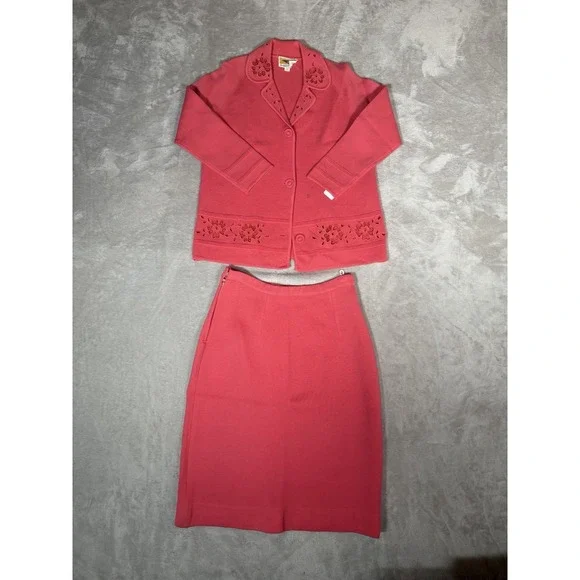 Vintage Double Bells Womens 2 Piece Skirt Suit Coral Pink 100% Wool Size 14
