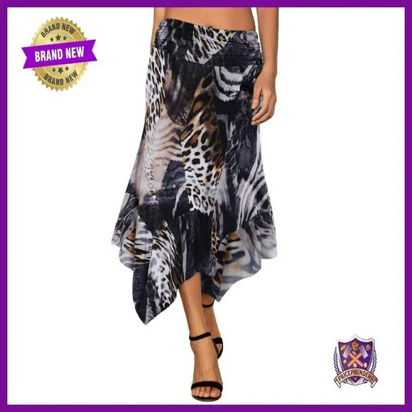 Flowy Midi Skirt with Handkerchief Hem, Elastic Waistband, Stretchy Fabric