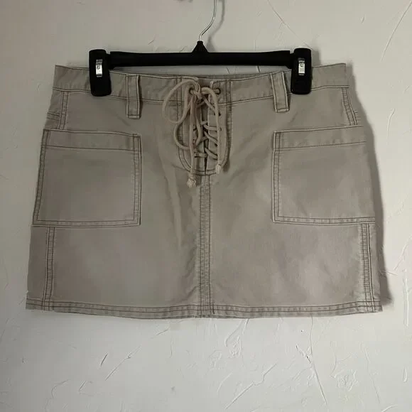 Vintage Y2K American Eagle Lace Up Mini Skirt Beige Cotton‎ Mall Goth Size 4