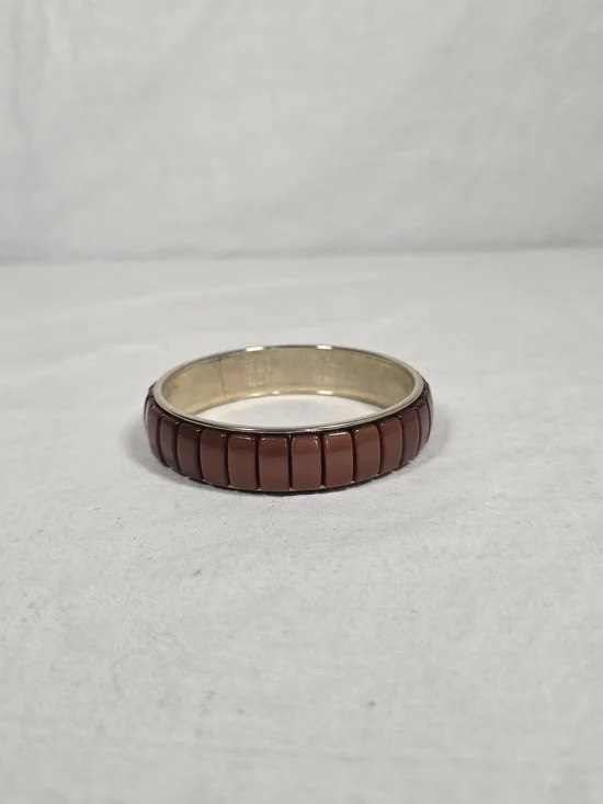 Vintage Brown Resin Tile Bangle Bracelet Gold Tone Metal Retro Costume Jewelry