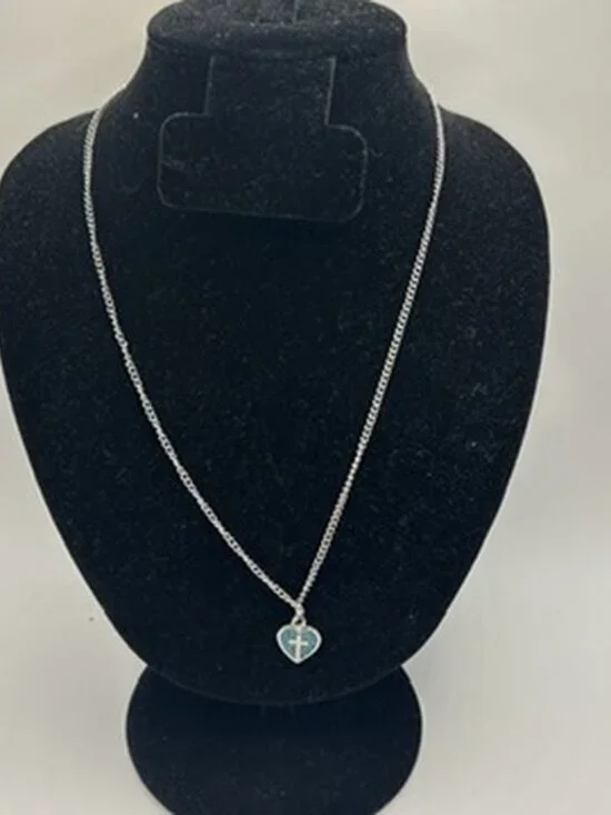 Womens Real Silver Blue Heart Cross Pendant Cable Chain Plated Stainless Steel