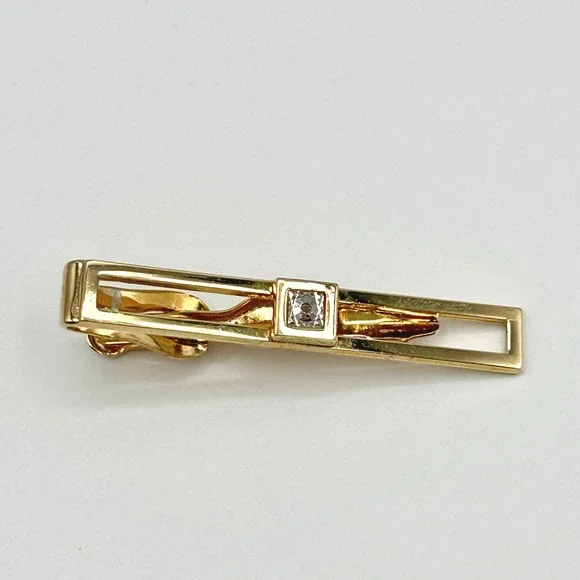 Pierre Cardin Tie Bar Gold Tone Rectangular Faux Diamond Crystal 2 Inch JW 72