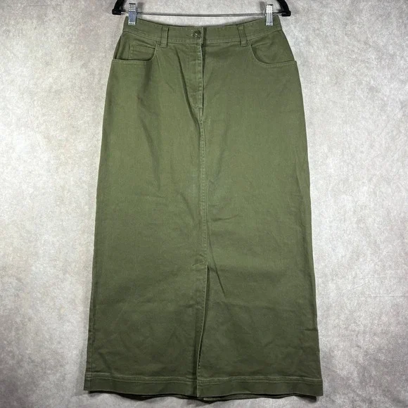 Christopher & Banks Maxi Skirt Womens Size 10 Green Denim Stretch Front Slit