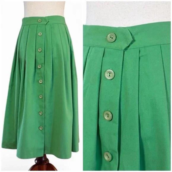 Vintage 70s Green Button Front Pleated Midi Skirt
