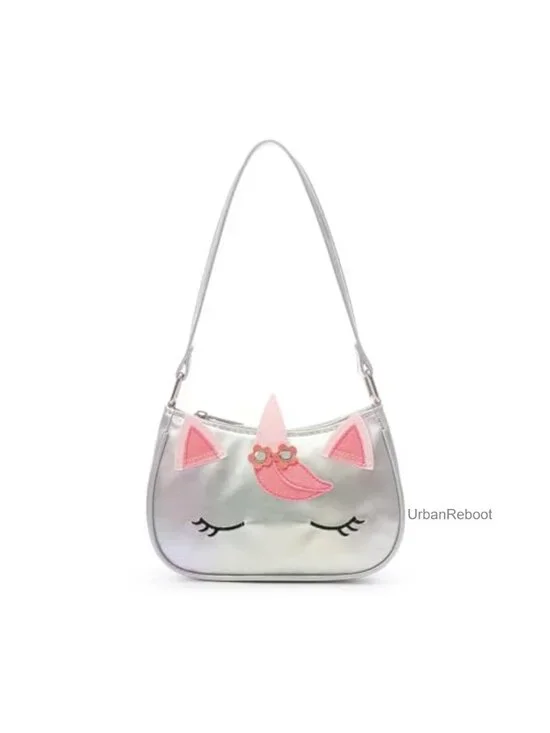 Girls Unicorn Print Faux Leather Shoulder Handbag Zipper Kids Purse