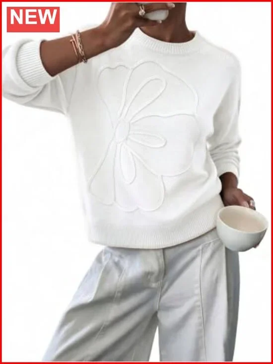 Oversized 3D Floral Pullover Sweater 100% Cotton Crew Neck Casual