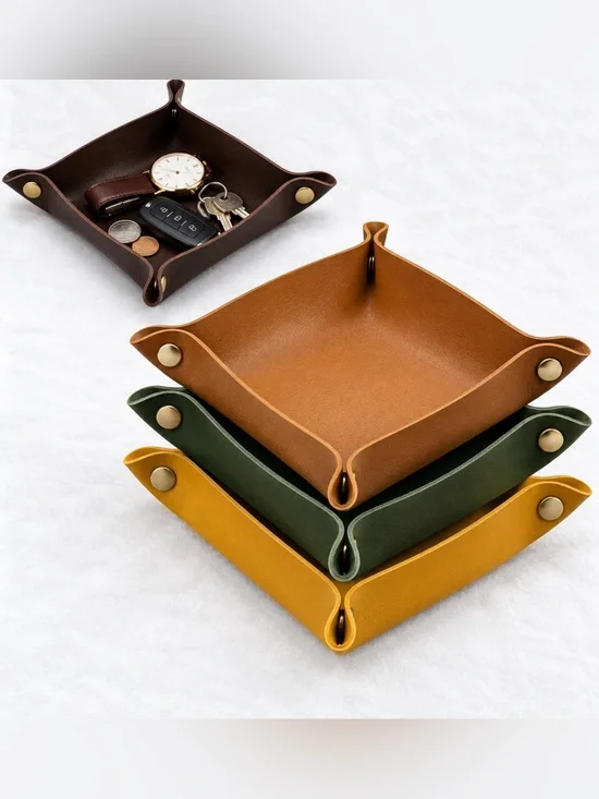 Faux Leather Valet Tray Snap Corner Catchall Organizer 7x7