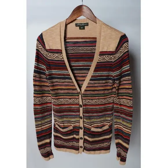 Eddie Bauer Nordic Print Tan Striped Button Down Cardigan Sweater Size XS
