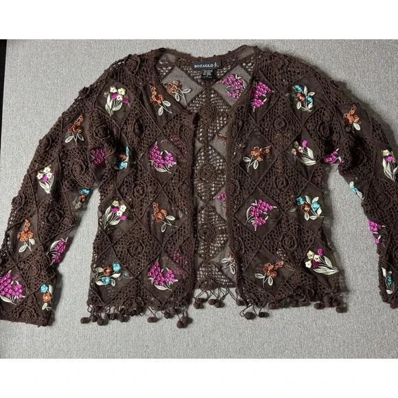 Bozaglo Women's Brown Crochet Open Front Sweater With Pink Floral Size Medium