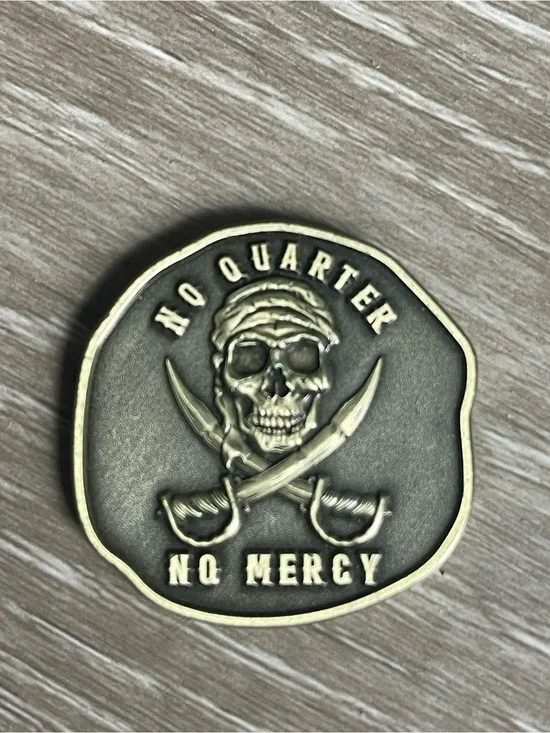 No Quarter No Mercy Skull Challenge Coin Brass-Tone Black Accent