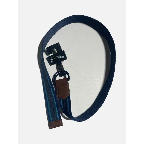 Art Class Webbed Belt Boys Large‎ Navy Blue Teal Striped D-Ring Canvas Casual