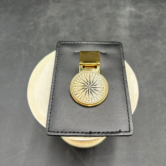 Barlow USA Top Grain Leather Money Clip Card Holder Black Gold Compass Rose