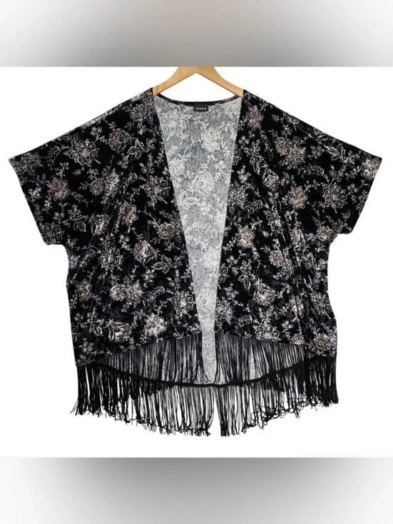 Torrid Black Velvet Burnout Floral Fringe Kimono Cardigan Size 3X