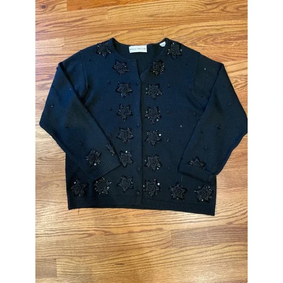 Marisa Christina Women Cardigan Large Black Beaded Floral Wool Blend Sweater‎