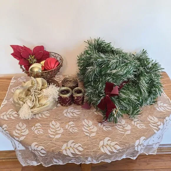 Vintage Holiday Decor Bundle Wire Basket | Garland | Ribbon | Satin Bag | Lace