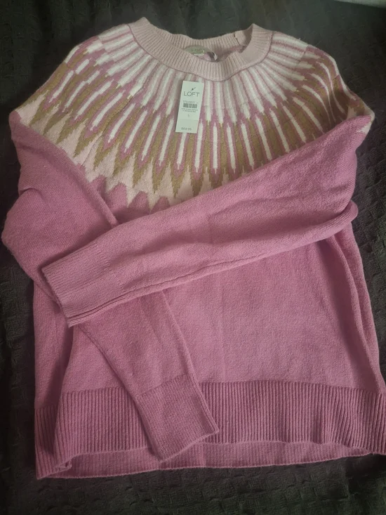 LOFT Pink Fair Isle Yoke Crew Sweater