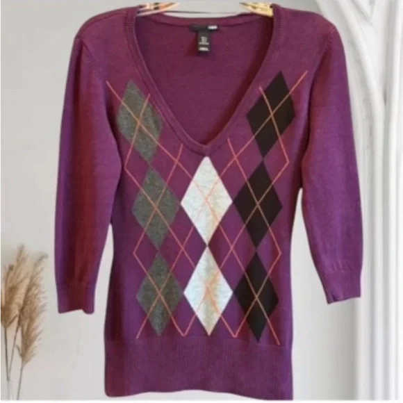 Vintage Argyle Sweater Knit 90s Y2K Pattern V-Neck Jumper Purple Gray Size Small