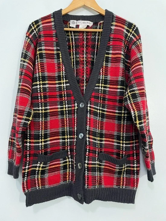 Vintage Wool Red Plaid Button-Up Cardigan with charcoal Trim M