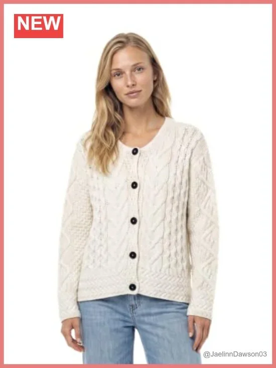 Irish Cable Knit Merino Wool Cardigan Button Front Rounded Collar