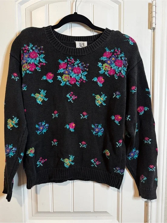 PS Sport Sweater Womens L Black Floral Knit Pullover Grandmacore Cottagecore