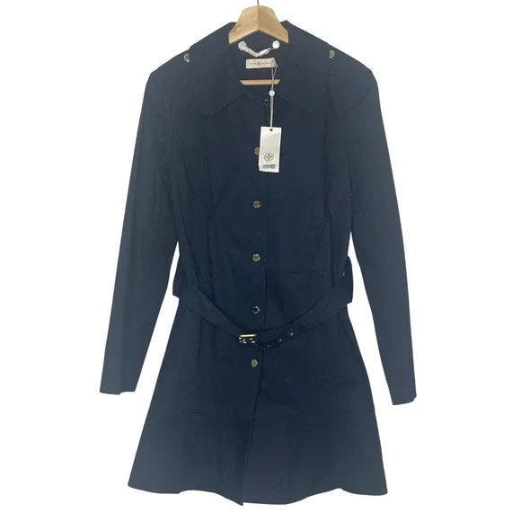 Tory Burch Black Abrielle Trench Coat Size 8 Belted Gold Button NEW