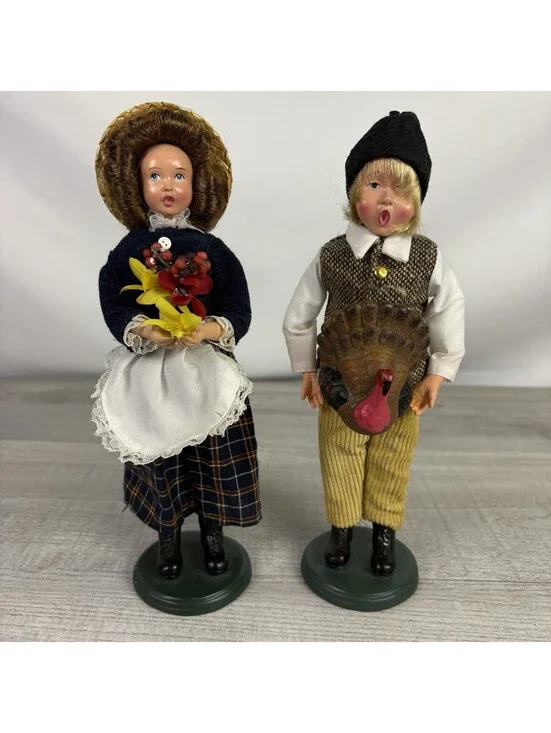 Vintage Thanksgiving Pilgrim Boy Girl Dolls Turkey Flowers 10” Pair