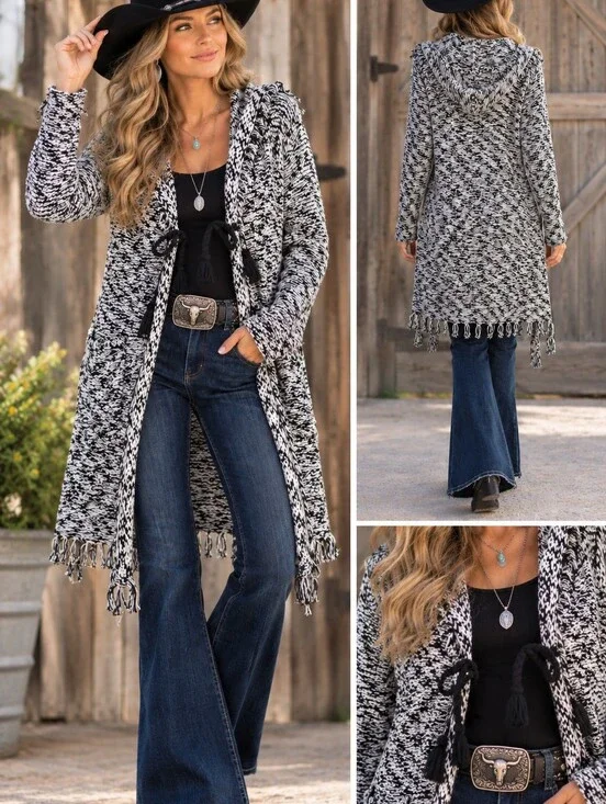 Umgee Black & White Marled Knit Hooded Sweater Cardigan SZ: M Fringe Boho-glam