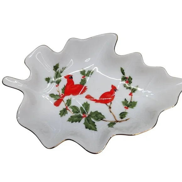 Lefton‎ China Cardinal Leaf Trinket Dish White Red Christmas Holly 04541 1984