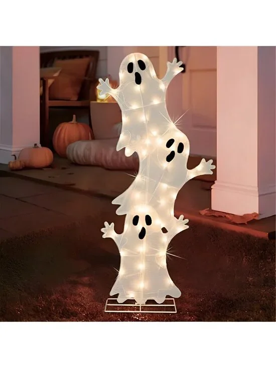 Halloween Lighted 3 Stacked Ghosts, 42’’ H Pre-Lit Lighted Ghosts