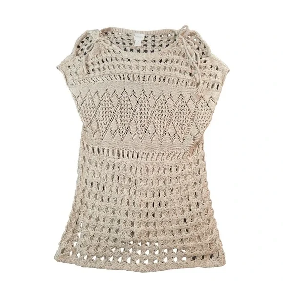 Chico's Open Knit Sweater Sz 1 Cold Shoulder Tassel Boho Hipster Summer Top Boho