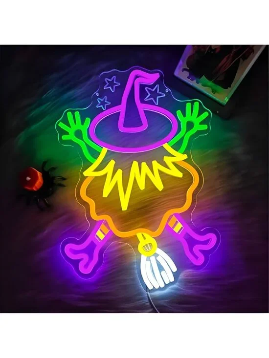 Halloween Neon Sign Witch Halloween Decorations Dimmable Crashing Witch Led