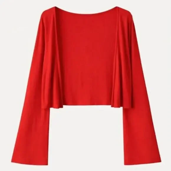 NWT OGL Soft Bell Sleeve Cropped Cardigan Wool Blend Ribbed Red Women's Size M